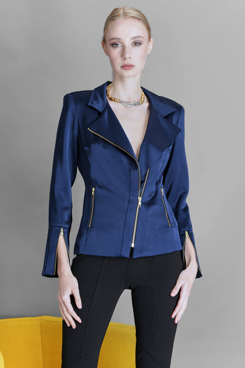 Satin Moto Jacket | Indigo